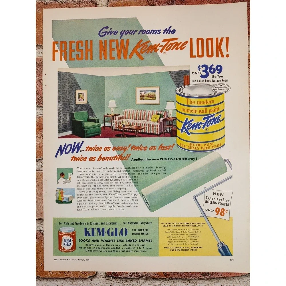 1950 Kem-Tone Paint Print Ad Kem-Glo‎ MCM Wall Art Fresh Room Postwar Optimism